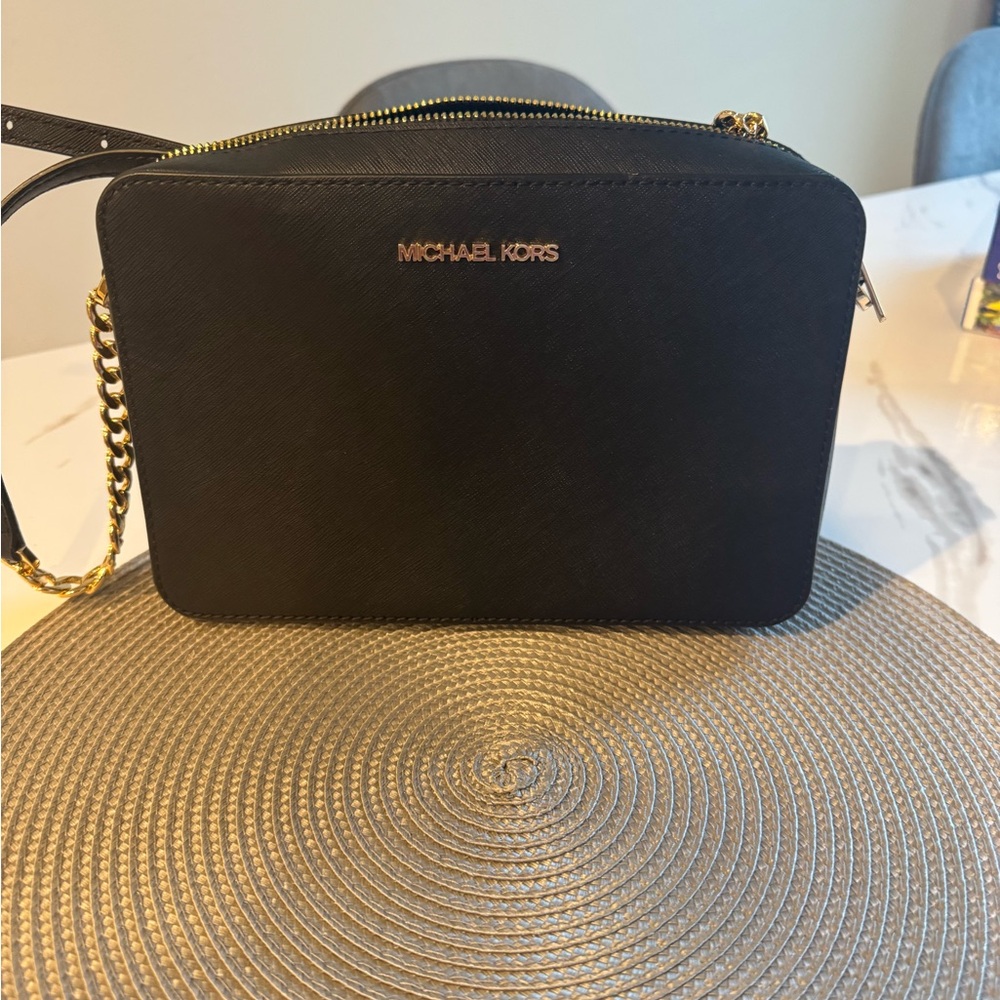 Michael Kors Black Leather Crossbody with Gold Hardware